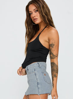 side view of model wearing Princess Polly Ezekiel Nylon Top Black Sleeveless Scoop Neck 