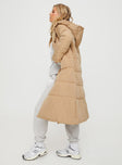 Puffer jacket Longline design, fixed hood, button fastening down front, twin hip pockets