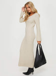 side view of model wearing Princess Polly Malletti Long Sleeve Maxi Dress Beige Scoop Neck 