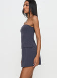 side view of model wearing Princess Polly Langdon Strapless Mini Dress Charcoal Straight Neck 