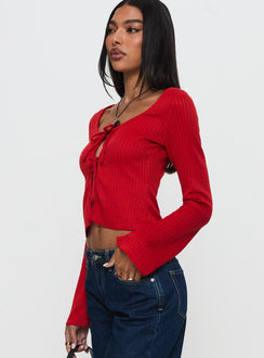 side view of model wearing Princess Polly Rowynne Long Sleeve Tie Up Top Red Full Sleeves Scoop Neck 