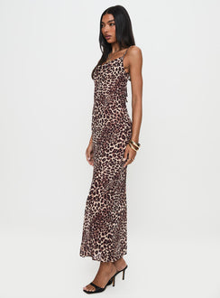 side view of model wearing Princess Polly Paolina Maxi Dress Leopard Cowl Neck 