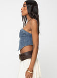 Strapless denim top Belt loop detail at neckline, shirred back panel, curved hem