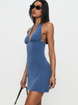 side view of model wearing Princess Polly Tinisie Halter Mini Dress Slate Blue Plunger 