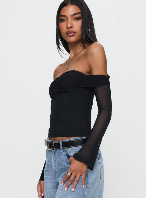 side view of model wearing Princess Polly Saelan Off Shoulder Long Sleeve Top Black Full Sleeves Sweetheart 