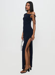 side view of model wearing Princess Polly Paislee Asymmetrical Maxi Dress Navy Asymmetric Neckline 