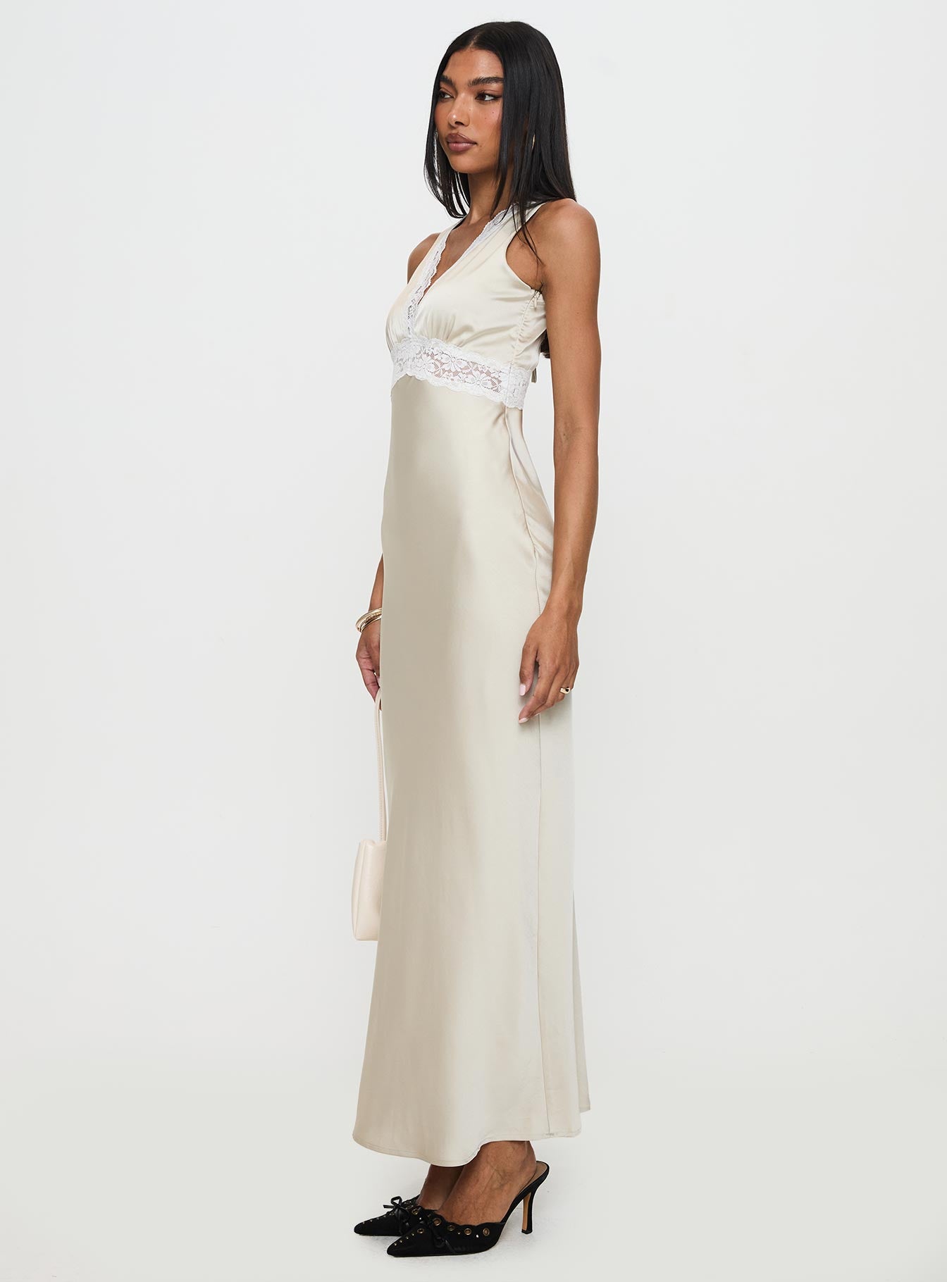 side view of model wearing Princess Polly Persefonie Lace Maxi Dress Champagne V-Neck 