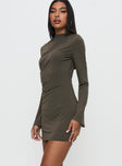 side view of model wearing Princess Polly Arte Deco Long Sleeve Mini Dress Mocha High Neck 