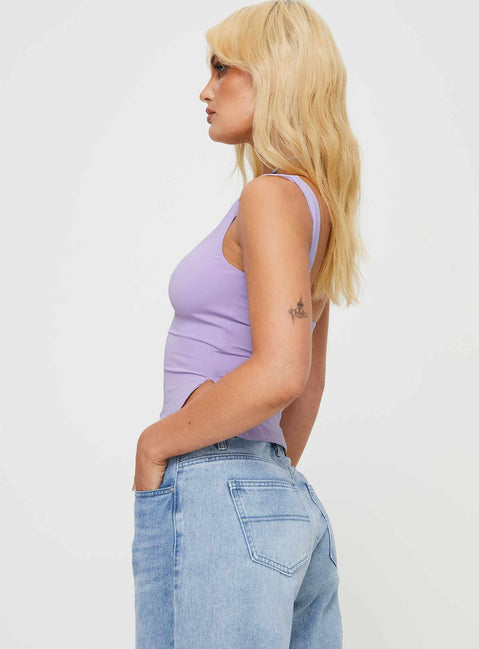 side view of model wearing Princess Polly Rehna Top Lilac Sleeveless Sweetheart 