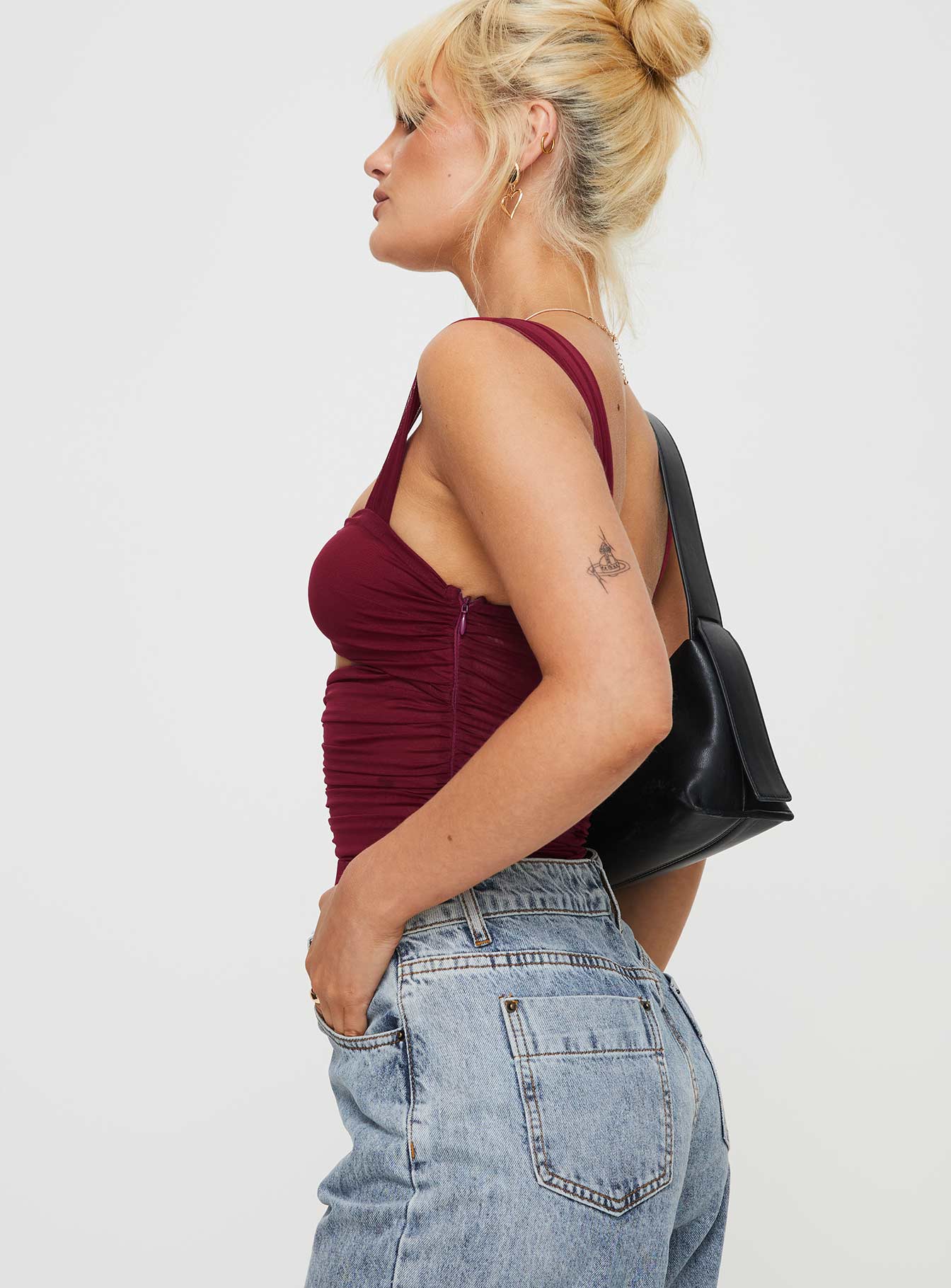 side view of model wearing Princess Polly Kalmia Bodysuit Burgundy Sleeveless Sweetheart 