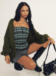 front view of model wearing Princess Polly Lester Knit Cardigan Olive Long 