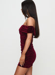 side view of model wearing Princess Polly Regency Strapless Velvet Mini Dress Burgundy Straight Neck 