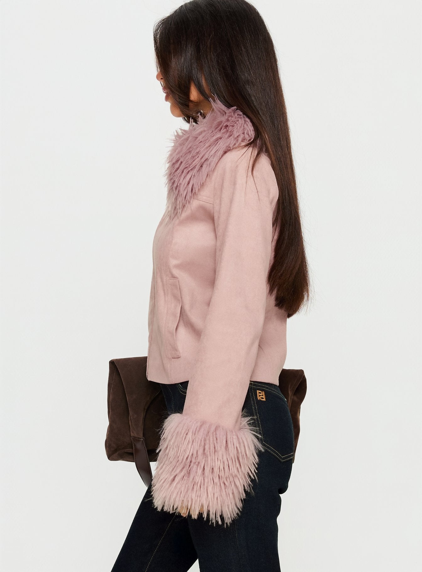 Jeanna Suede Faux Fur Detail Jacket Pink