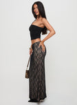   side view of model wearing Princess Polly Lourenzia Lace Maxi Skirt Black / Nude Maxi 