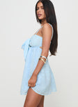 side view of model wearing Princess Polly Granno Mini Dress Light Blue Tall Sweetheart Neckline 