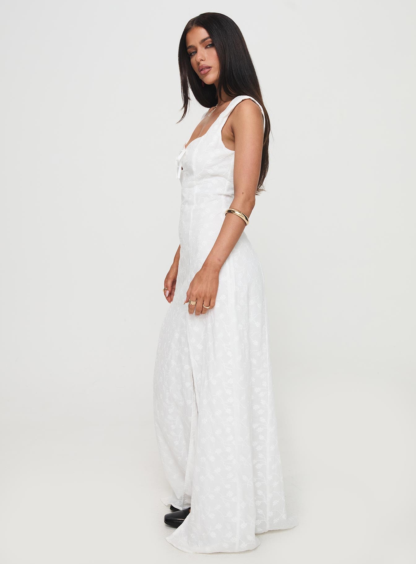 side view of model wearing Princess Polly Good Game Maxi Dress White Sweetheart Neckline 
