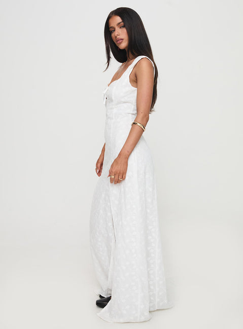 side view of model wearing Princess Polly Good Game Maxi Dress White Sweetheart Neckline 
