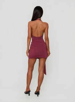 Poppee Halter Tie Detail Mini Dress Burgundy