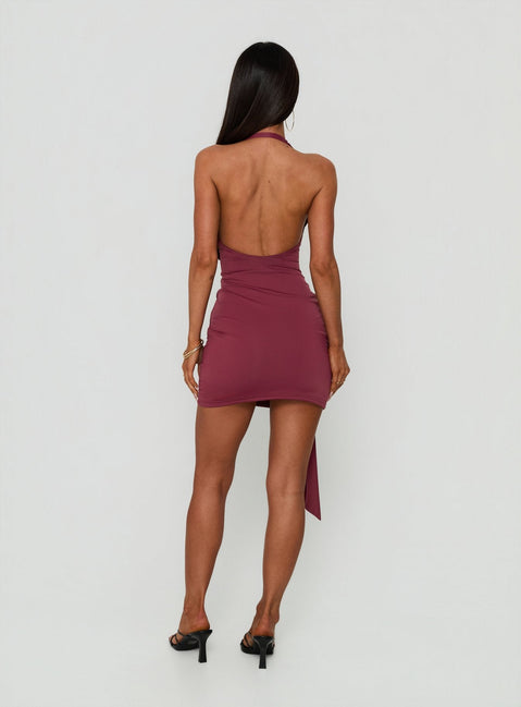 Poppee Halter Tie Detail Mini Dress Burgundy