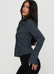 side view of model wearing Princess Polly Theroux Long Sleeve Top Navy Pinstripe Full Sleeves High Neck 