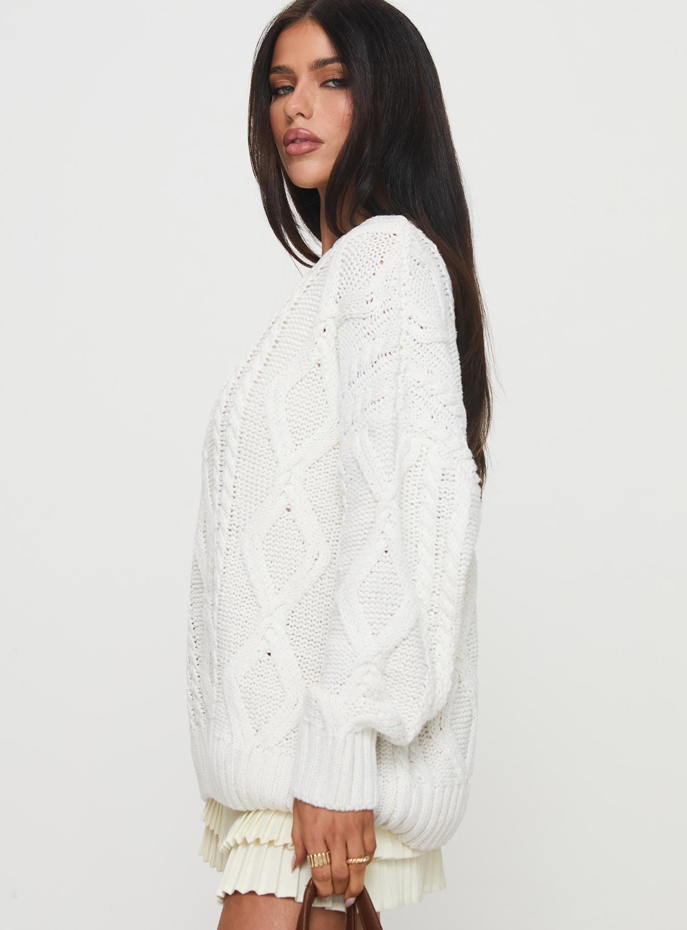 side view of model wearing Princess Polly Anaya Oversized Sweater White 