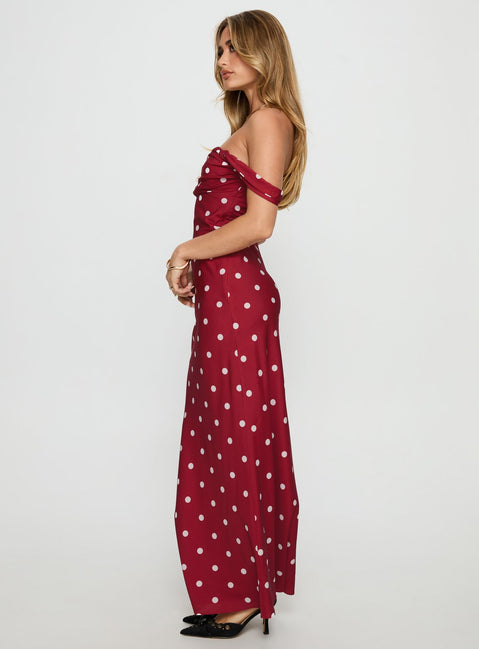 End Credits Off Shoulder Pleat Maxi Dress Red / Polka Dot