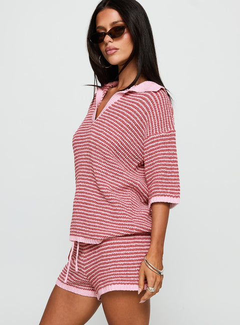 side view of model wearing Princess Polly Veloria Collared Top Pink Stripe Half Sleeves V-Neck 