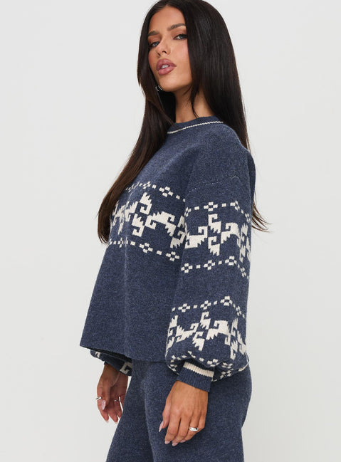 side view of model wearing Princess Polly Alpine Sweater Navy / Cream Cropped Jumpers 