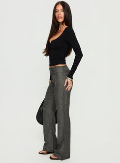 side view of model wearing Princess Polly Karola Asymmetrical Buckle Pants Grey Mid Rise Pants 