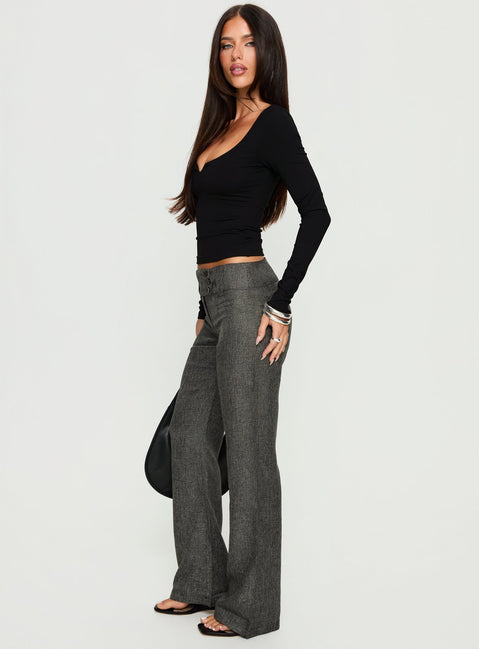 side view of model wearing Princess Polly Karola Asymmetrical Buckle Pants Grey Mid Rise Pants 