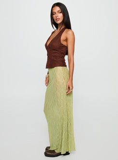   side view of model wearing Princess Polly Pura Vida Lace Maxi Skirt Sage Maxi 