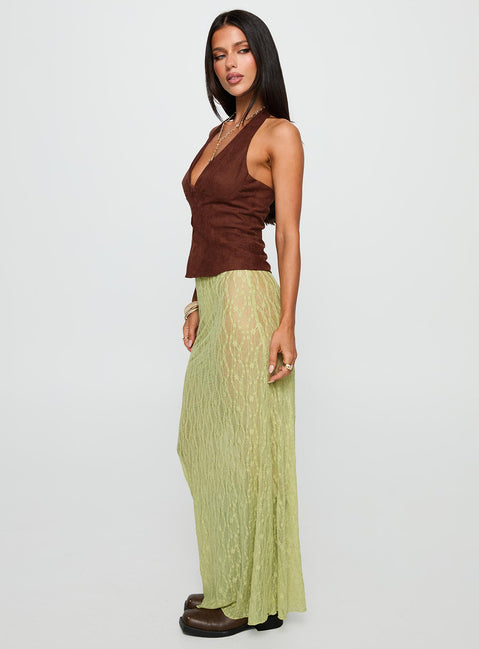   side view of model wearing Princess Polly Pura Vida Lace Maxi Skirt Sage Maxi 