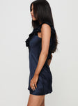 side view of model wearing Princess Polly Butacup Frill Mini Dress Navy Plunger 