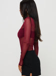 side view of model wearing Princess Polly Duet Bodysuit Burgundy Full Sleeves 