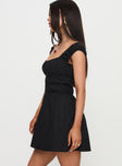 side view of model wearing Princess Polly Peonia Lace Mini Dress Black Square Neck 