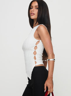 side view of model wearing Princess Polly Yulkie Top White Sleeveless Crew Neck 