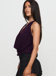 side view of model wearing Princess Polly Carefree Days Cowl Neck Top Purple Sleeveless Cowl 