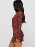 side view of model wearing Princess Polly Primrosa Long Sleeve Mini Dress Burgundy High Neck 