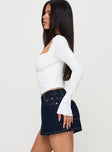   side view of model wearing Princess Polly Ryver Denim Wrap Skort Dark Wash Mini Skirts 