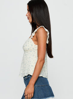 side view of model wearing Princess Polly Madaleine Top Floral Sleeveless Sweetheart 