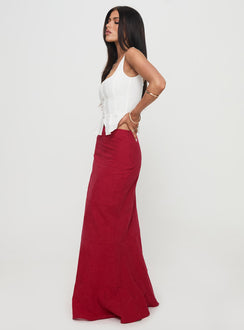   side view of model wearing Princess Polly Raven Mid Rise Maxi Skirt Red Maxi 