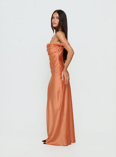 strapless open back dress Elayna Orange Strappy Satin Corset High Slit Gown main image 0