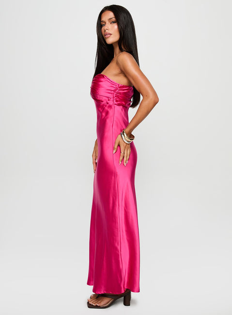 side view of model wearing Princess Polly Cyprian Strapless Maxi Dress Hot Pink Sweetheart Neckline 