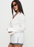 side view of model wearing Princess Polly Calistoga Deep Collar Shirt Ivory Full Sleeves Plunger 