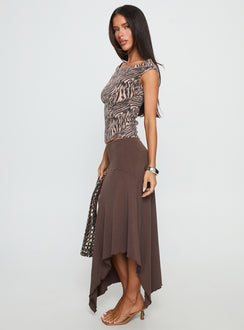   side view of model wearing Princess Polly Futura Asymmetrical Midi Skirt Chocolate Maxi Skirts 