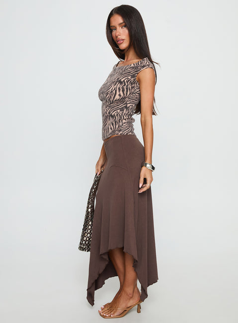   side view of model wearing Princess Polly Futura Asymmetrical Midi Skirt Chocolate Maxi Skirts 