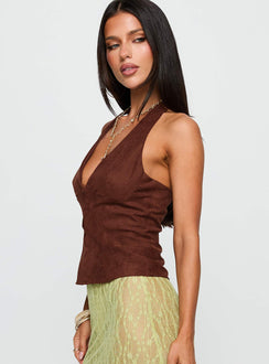side view of model wearing Princess Polly Movie Stars Faux Suede Halter Top Brown Sleeveless Plunger 