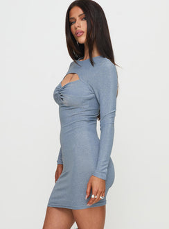 side view of model wearing Princess Polly Absynth Long Sleeve Mini Dress Blue Crew Neck 