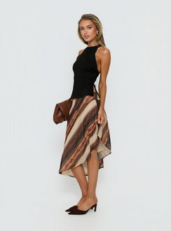   side view of model wearing Princess Polly Esmira Asymmetrical Midi Skirt Brown Stripe Midi Skirts 
