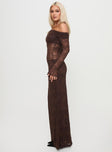 side view of model wearing Princess Polly Make Your Mark Off Shoulder Maxi Dress Chocolate Straight Neck 